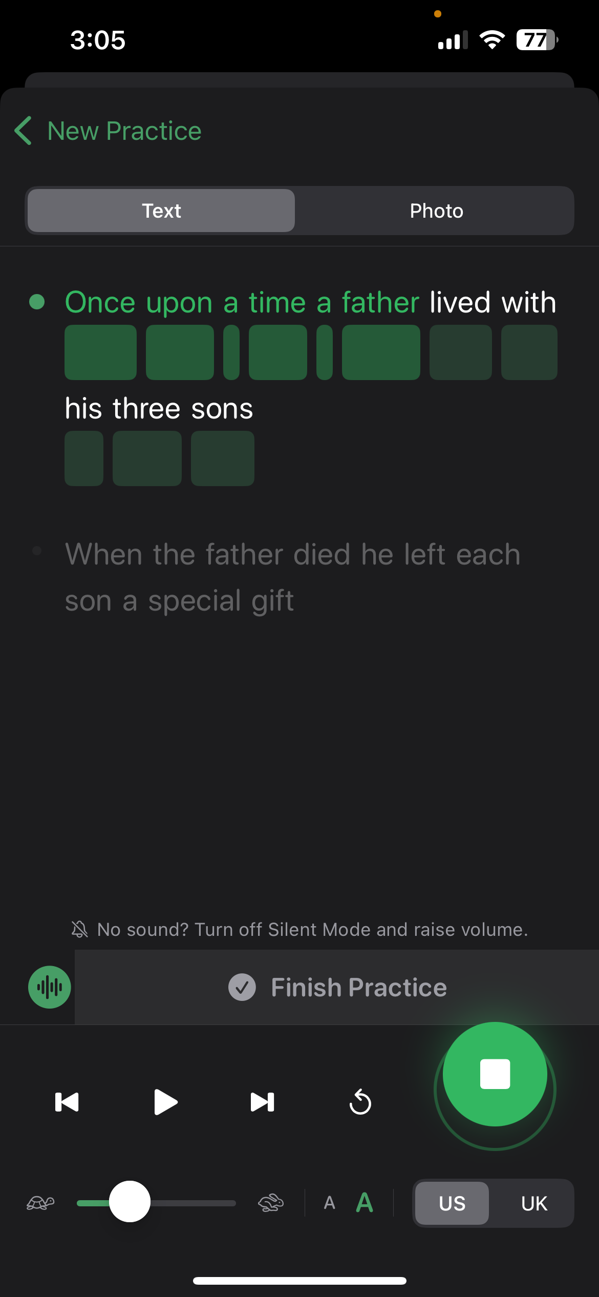 Words turn green in real time as you read them correctly
